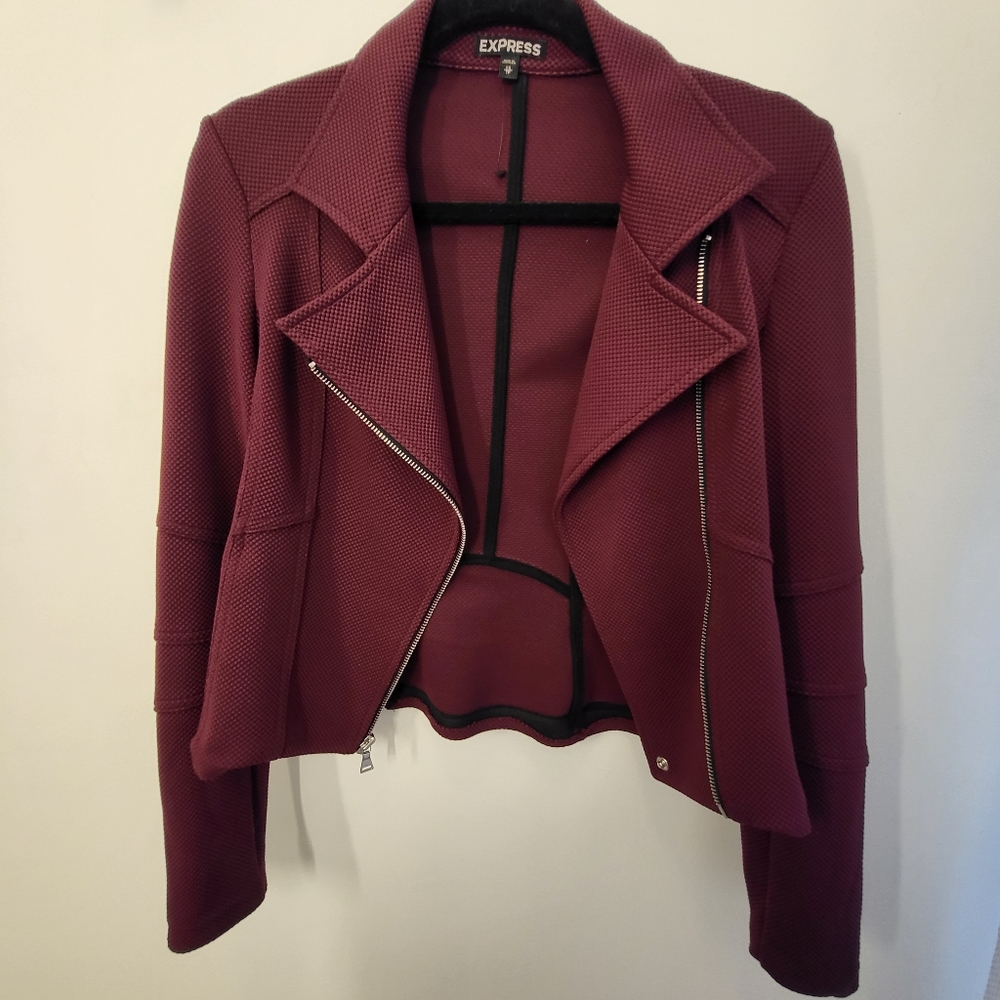 Express Textured Knit Asymmetric Zip Moto Jacket Stretch Burgundy XS